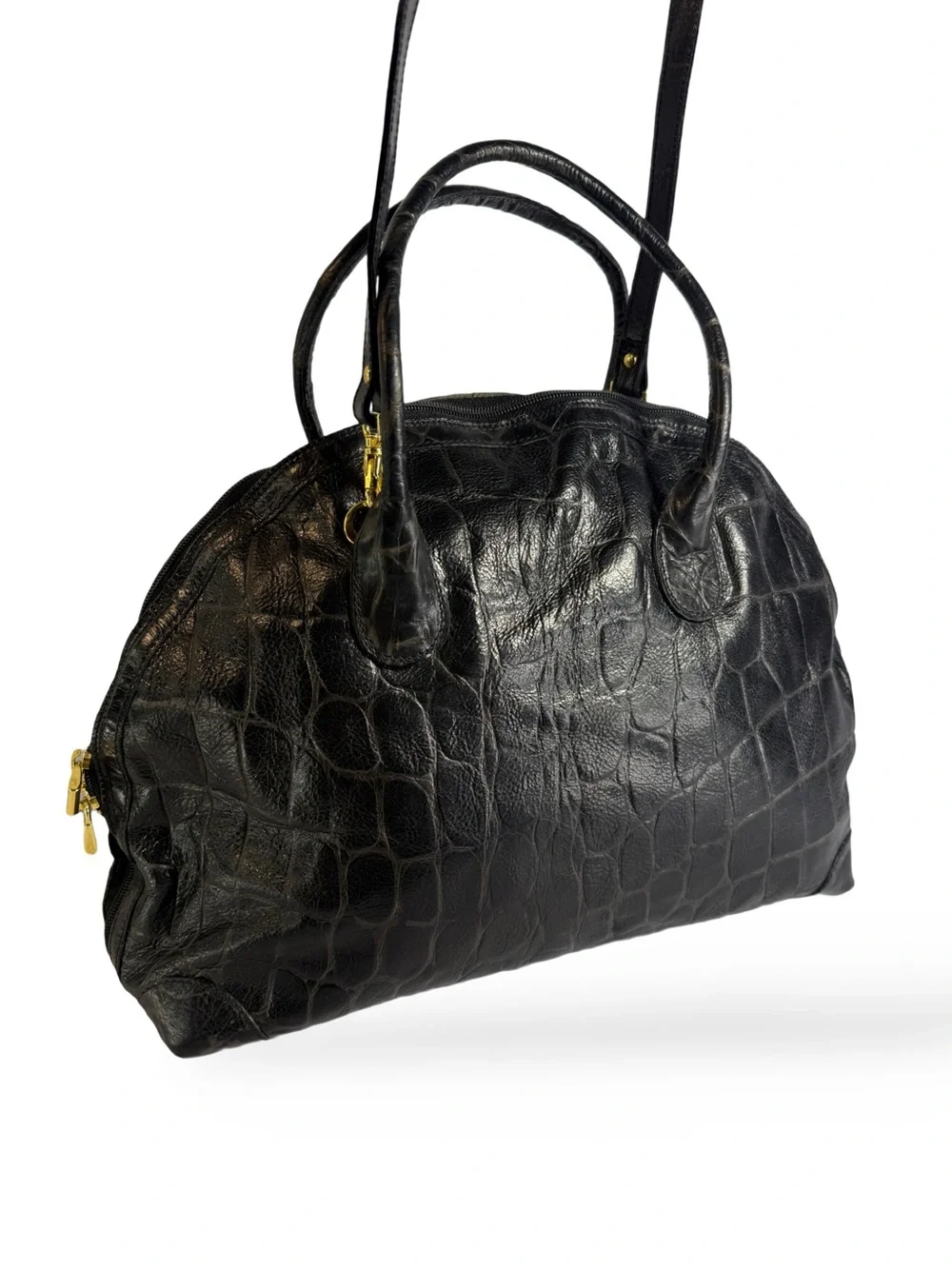 Black Croc-Embossed Dome Satchel with Dual Handles